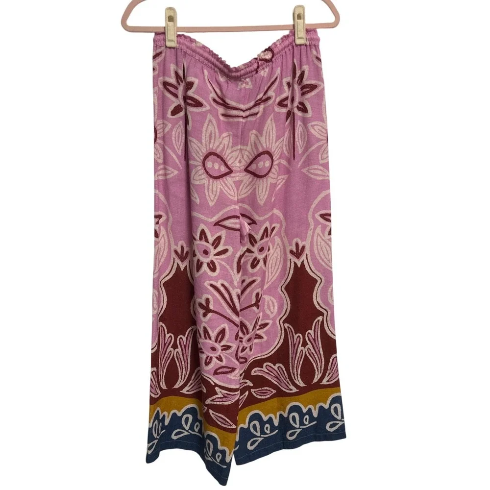 Celandine Pink Floral Woodblock Print Wide Leg Linen Blend Pants Small Boho - Picture 6 of 8